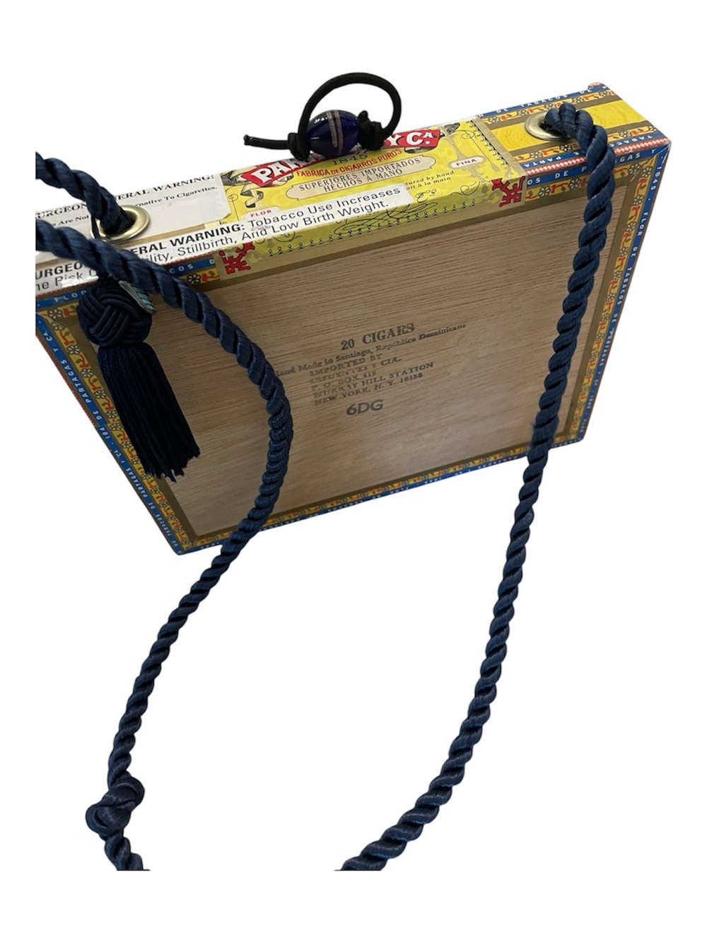 Hand Crafted Yellow Cigar Box Mini Crossbody with Navy Rope Strap - Picture 2 of 3